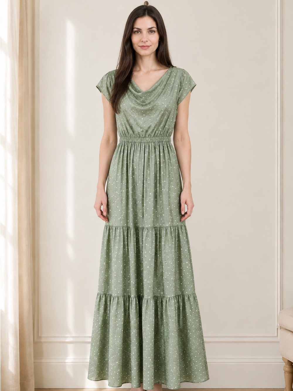Sage Green Tiered Maxi Dress with Dotted Print